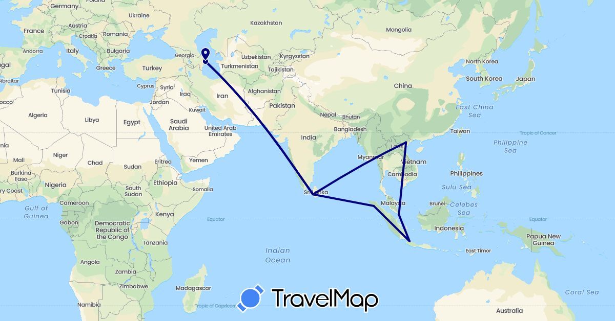 TravelMap itinerary: driving in Azerbaijan, Indonesia, Sri Lanka, Malaysia, Singapore, Vietnam (Asia)
